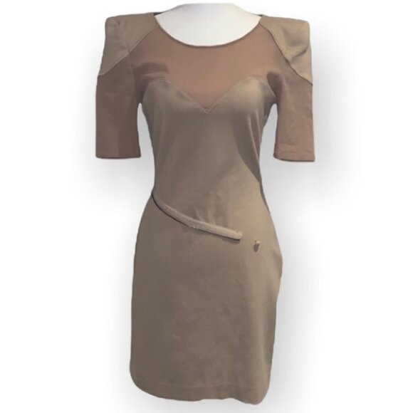 MACKAGE Tan Mesh Bandage Padded Shoulder Round  Neck Mini Bandage Dress Size 8 - Picture 2 of 16